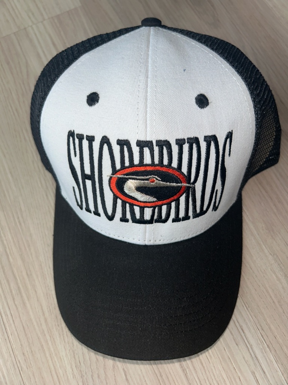 Delmarva Shorebirds Trucker Cap Black White Adj SnapBack Embroidered Mesh